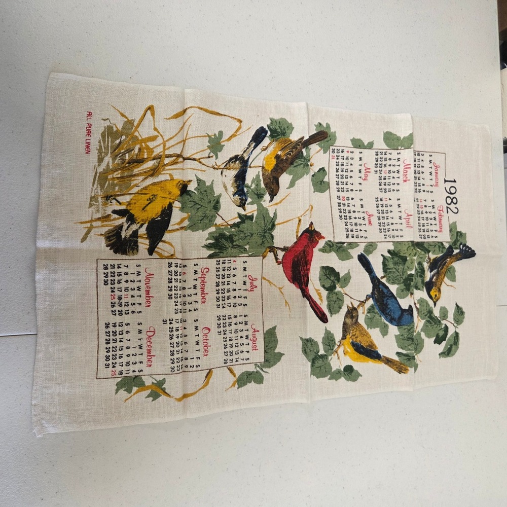 Vintage 1982 Calendar Tea Towel All Pure Linen Songbirds Cardinal Blue Jay 28x16